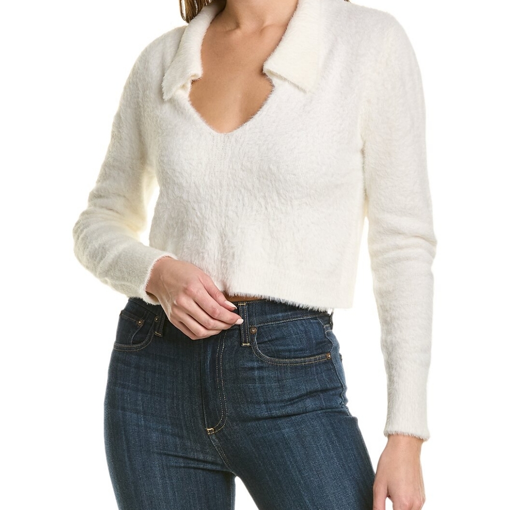 👕525 AMERICA EYELASH COLLARED SWEATER in soft fuzzy white sz lg